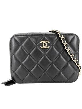 Chanel Big Shoulder Bag Quilted Chain Pochette CC Logo Bag Lambskin Black Gold